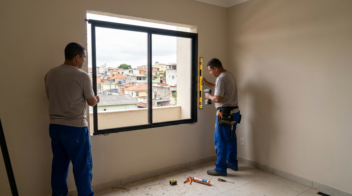 Esquadria de alumínio em quarto bege em Fortaleza-CE