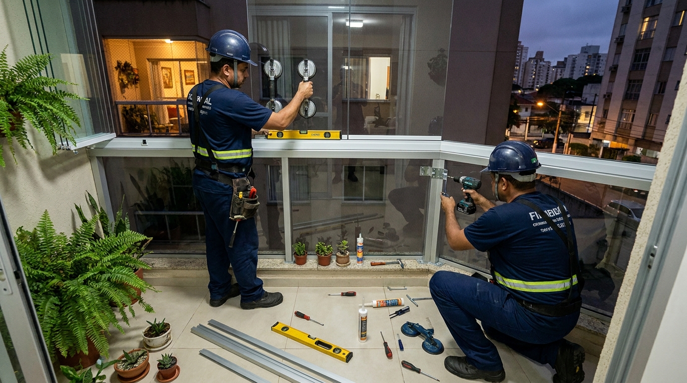 Instalação noturna de parede de vidro em Fortaleza-CE