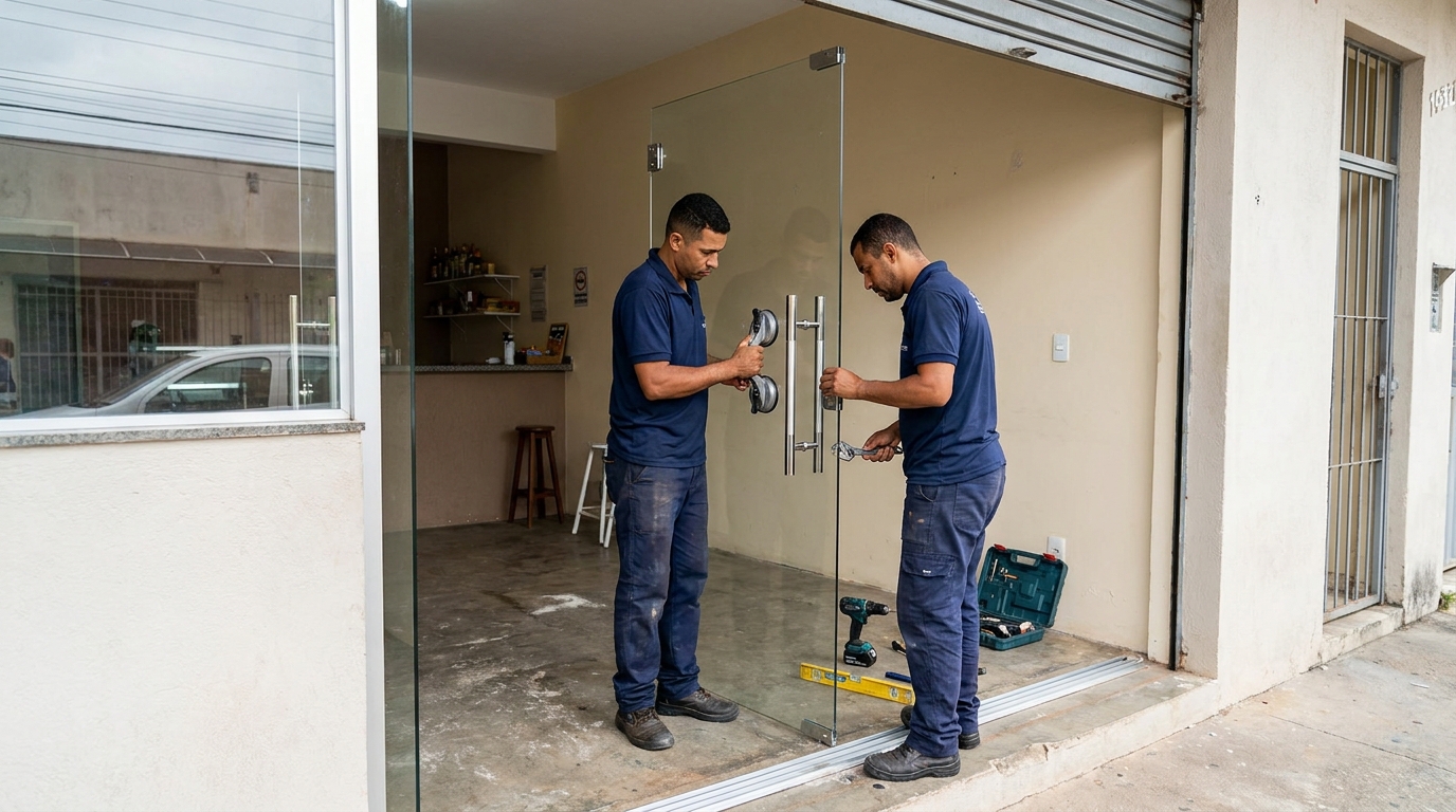 Dupla instalando porta de vidro em loja em Fortaleza-CE