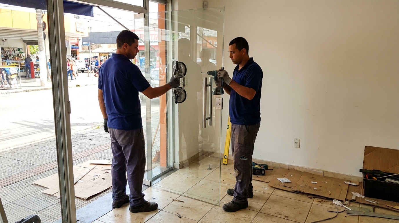 Porta de vidro de loja em rua movimentada em Fortaleza-CE